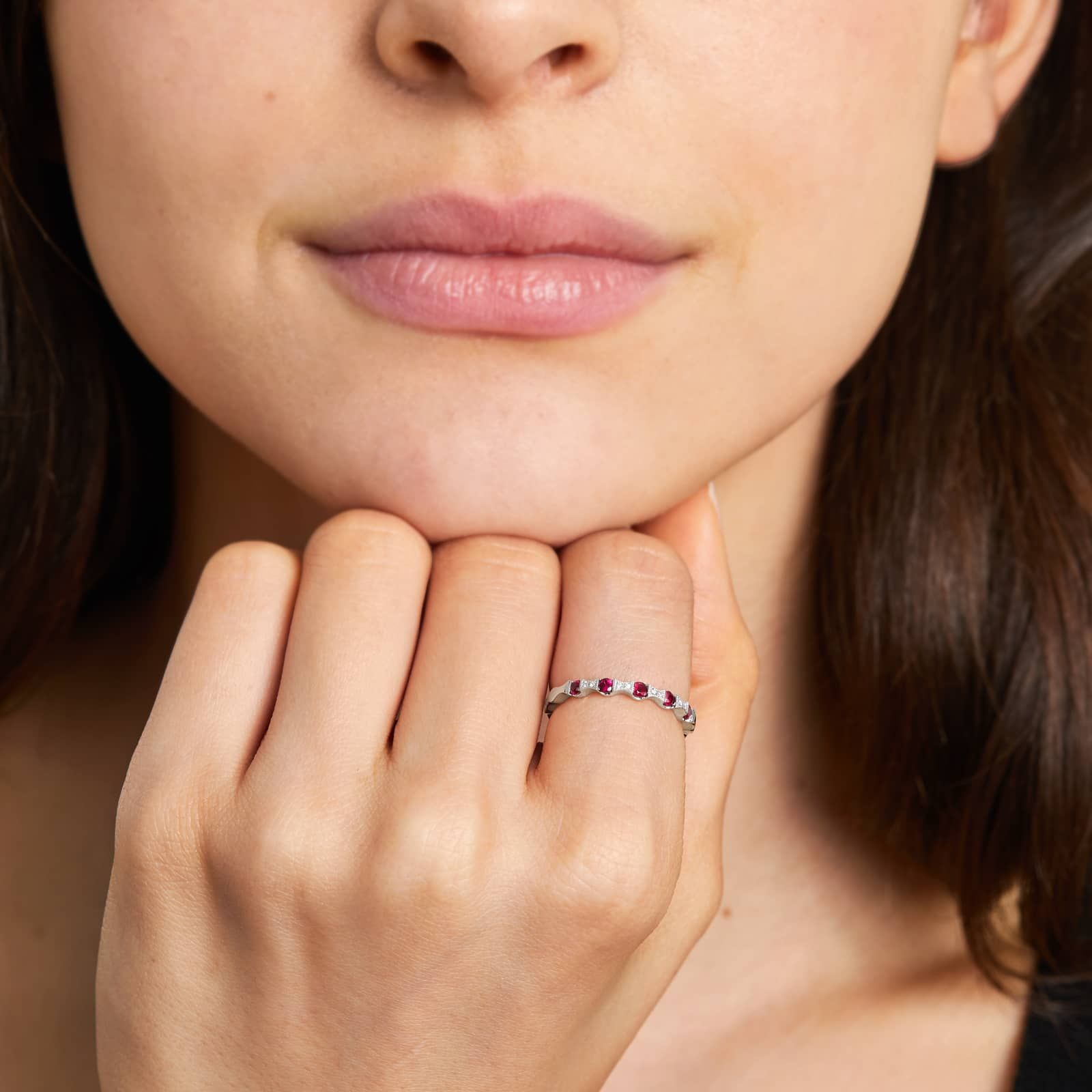 Vintage Bow Tie Shaped Stations Alternating Ruby And Diamond Ring In 14K White Gold