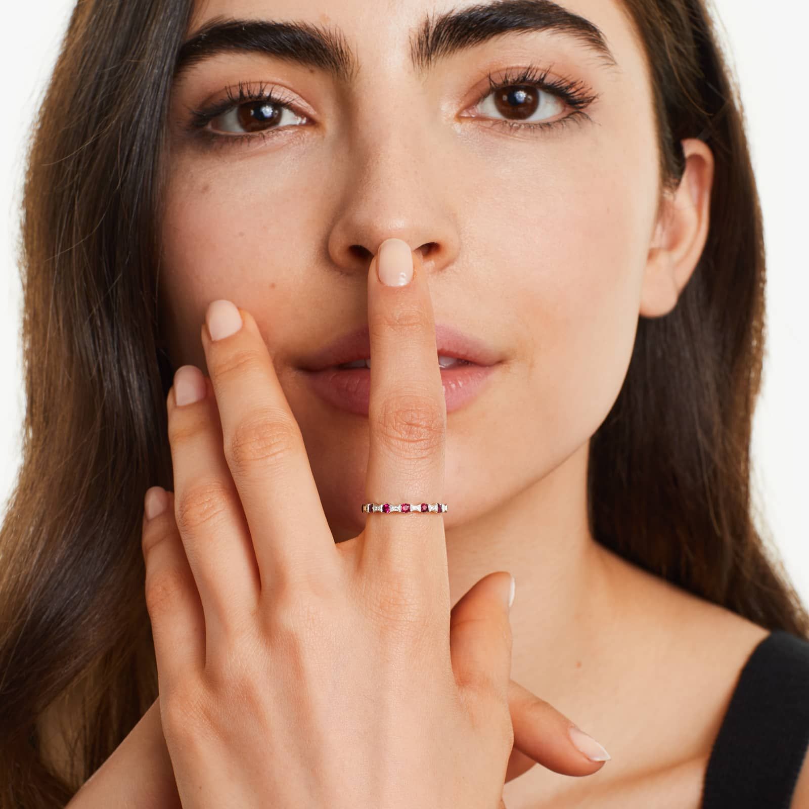 Vintage Bow Tie Shaped Stations Alternating Ruby And Diamond Ring In 14K White Gold