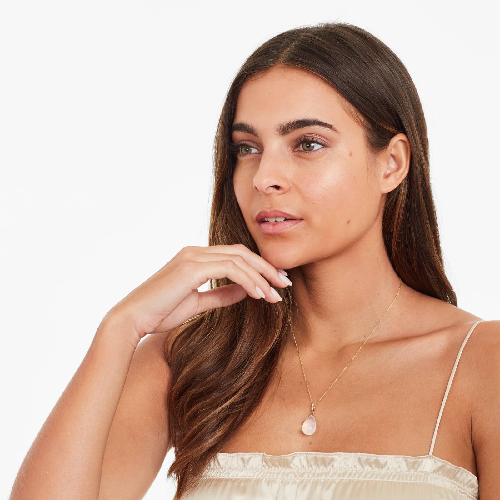 18K Yellow Gold Moon Quartz and Diamond Drop Necklace (12.0x19.0mm)