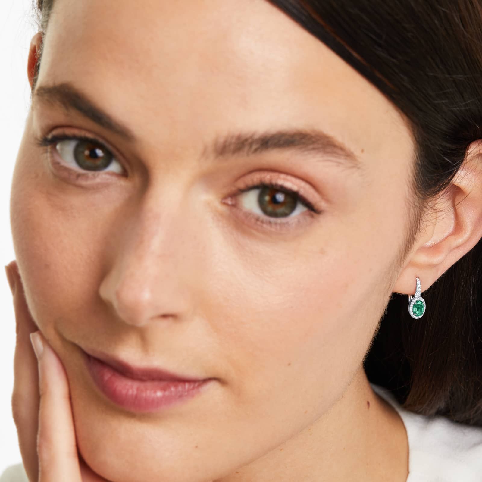 Petite Oval Cut Emerald And Diamond Halo Drop Earrings In 18K White Gold