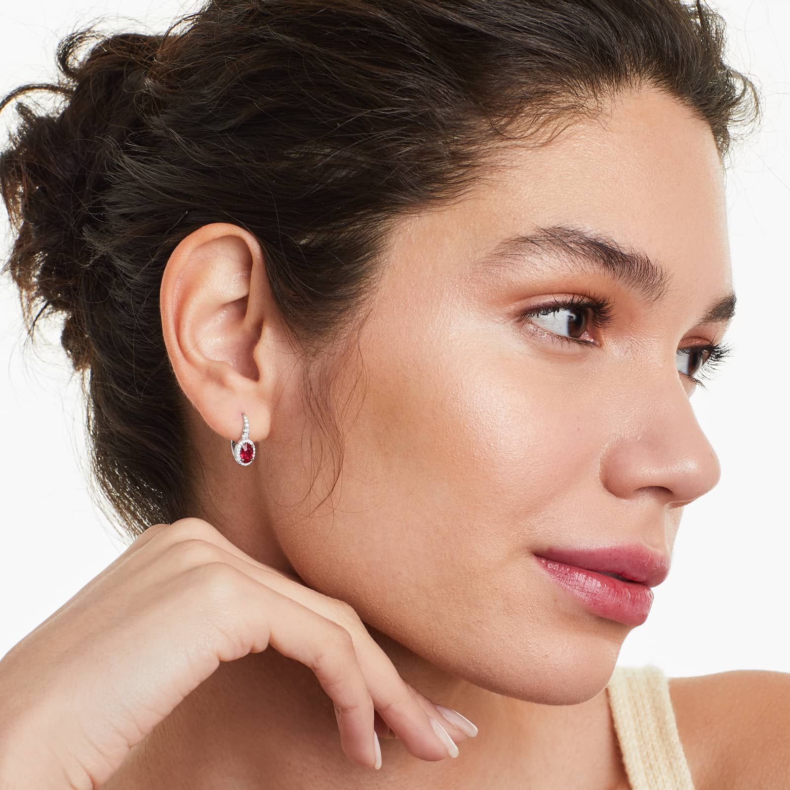 Petite Oval Cut Ruby And Diamond Halo Drop Earrings In 18K White Gold