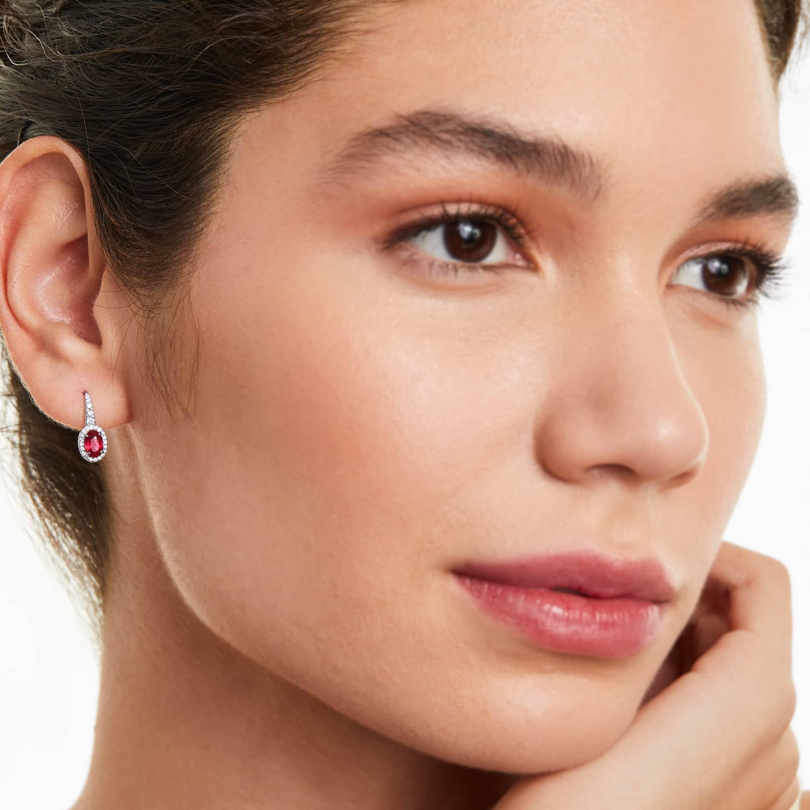 Petite Oval Cut Ruby And Diamond Halo Drop Earrings In 18K White Gold