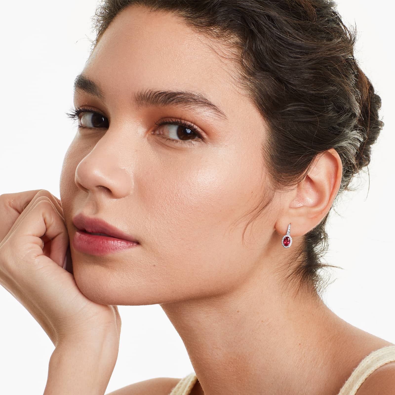 Petite Oval Cut Ruby And Diamond Halo Drop Earrings In 18K White Gold