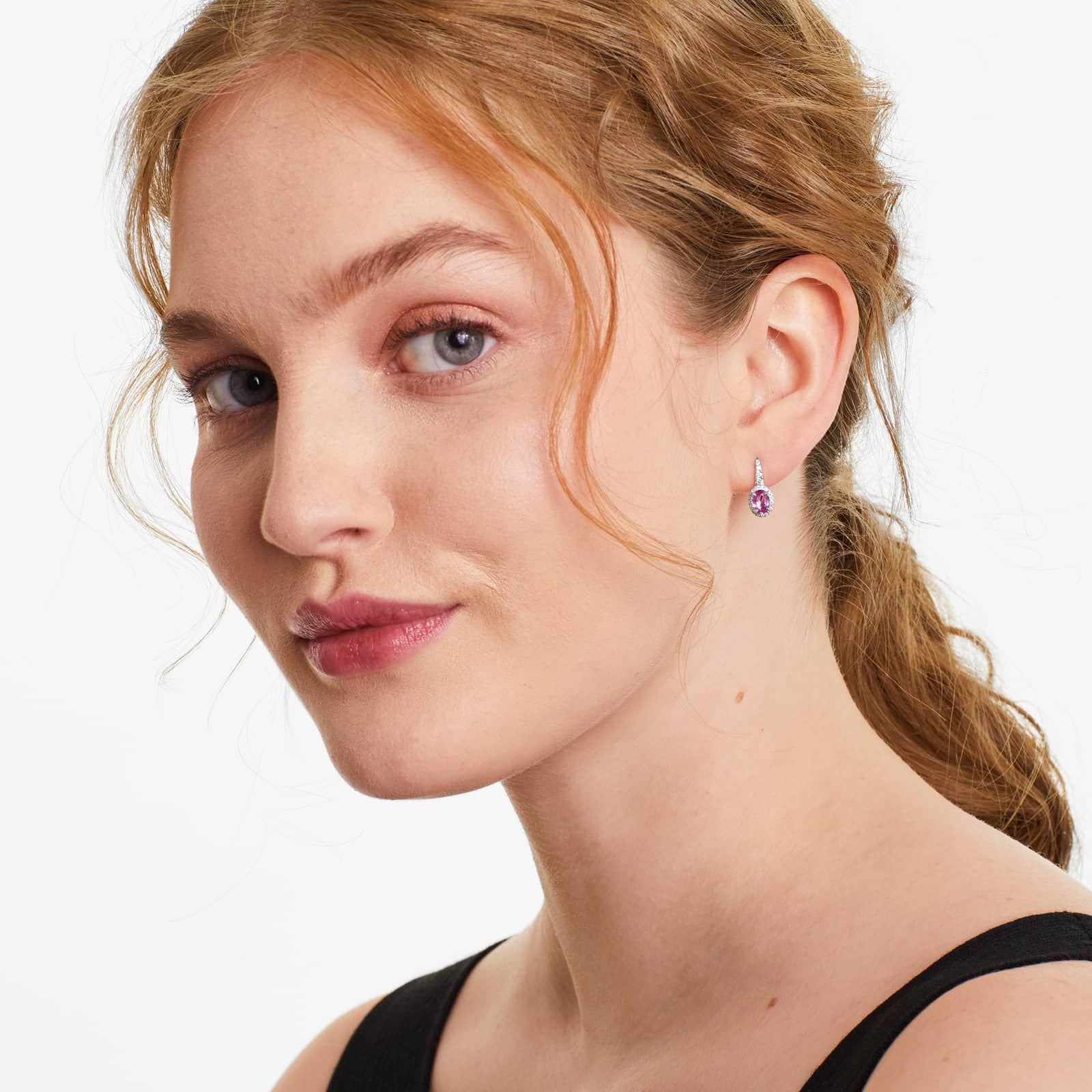 Petite Oval Cut Pink Sapphire And Diamond Halo Drop Earrings In 18K White Gold