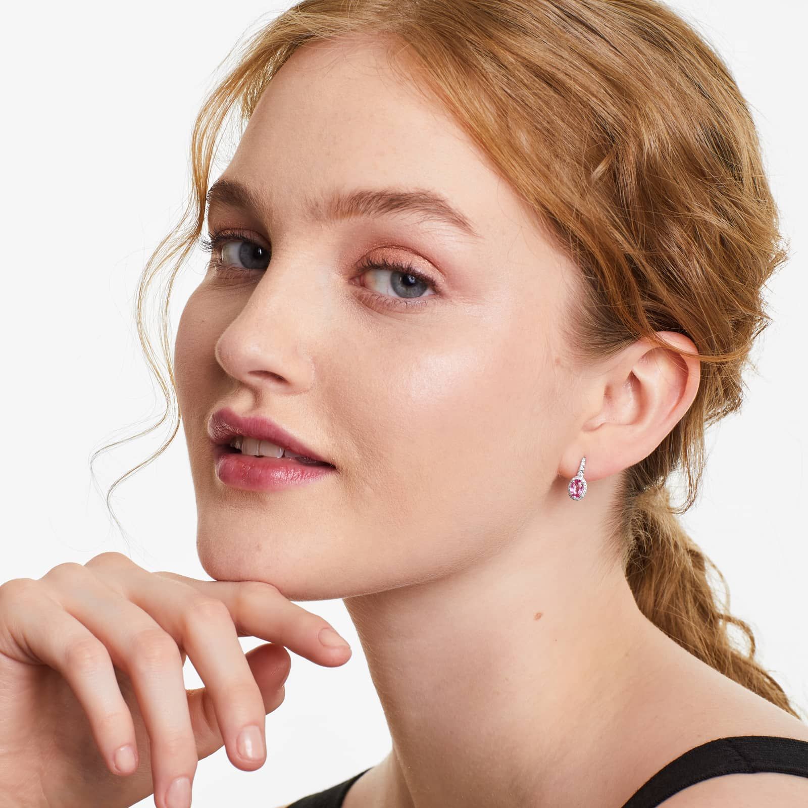 Petite Oval Cut Pink Sapphire And Diamond Halo Drop Earrings In 18K White Gold