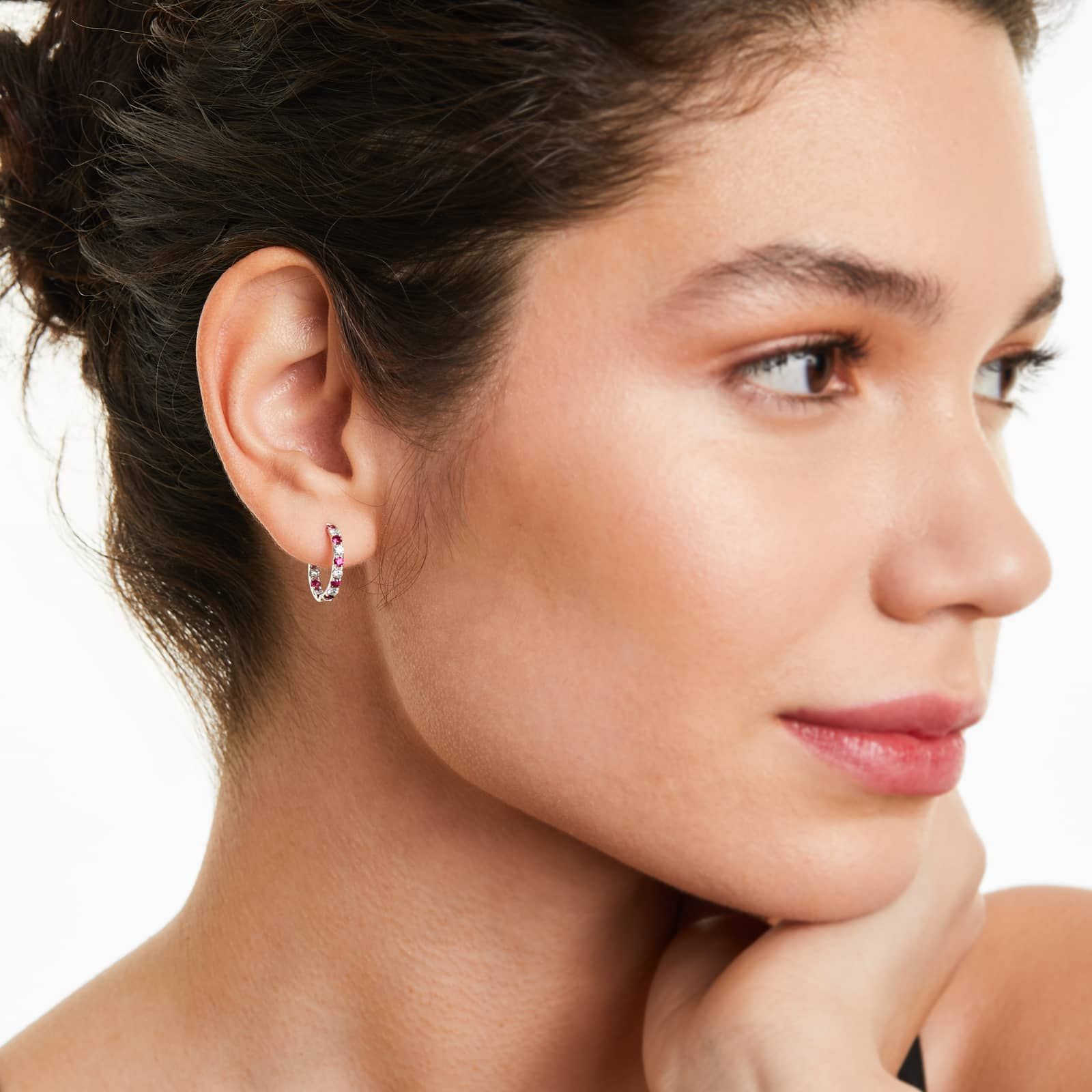 Inside Out Ruby And Diamond Round Hoop Earrings In 14K White Gold