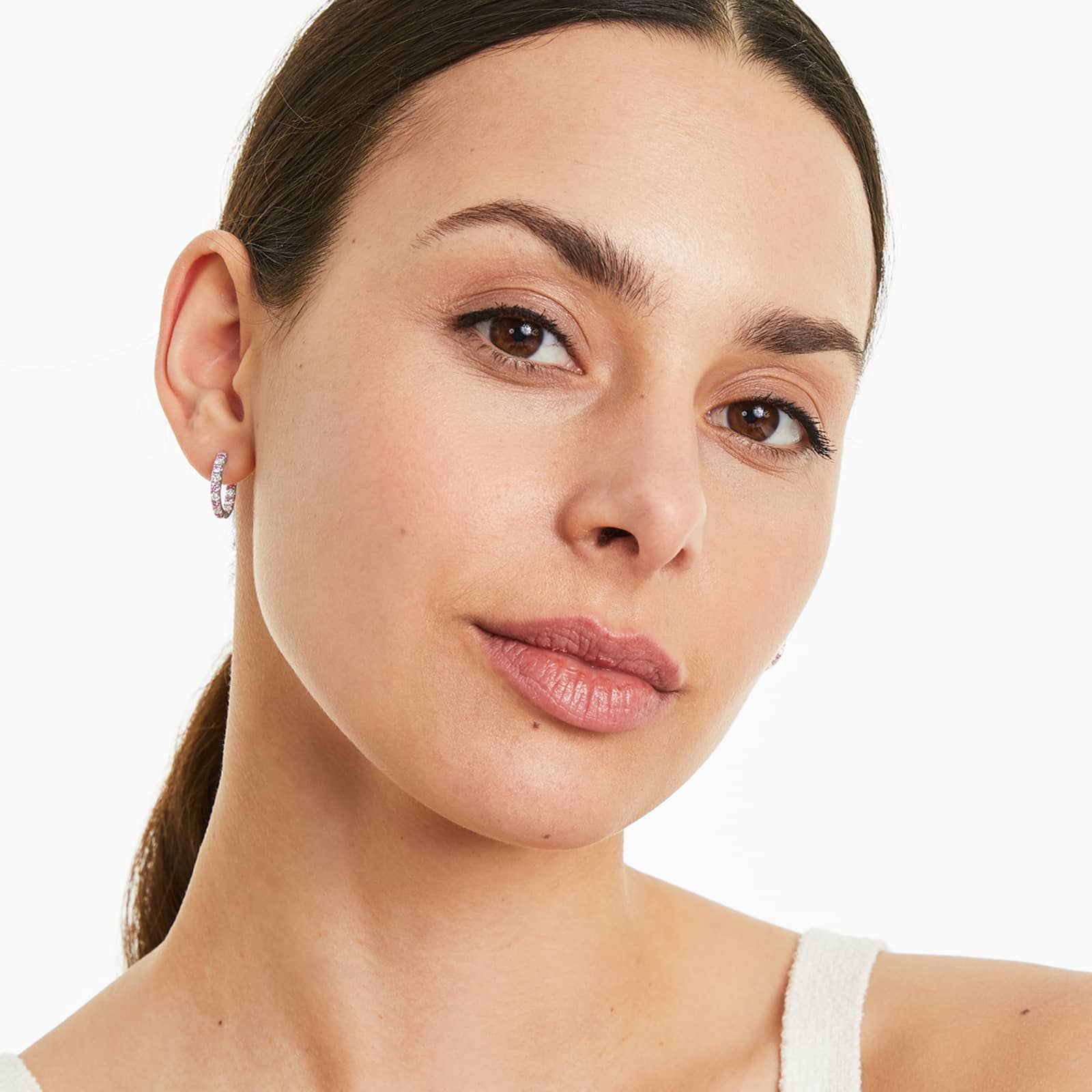 Inside Out Pink Sapphire And Diamond Round Hoop Earrings In 14K White Gold