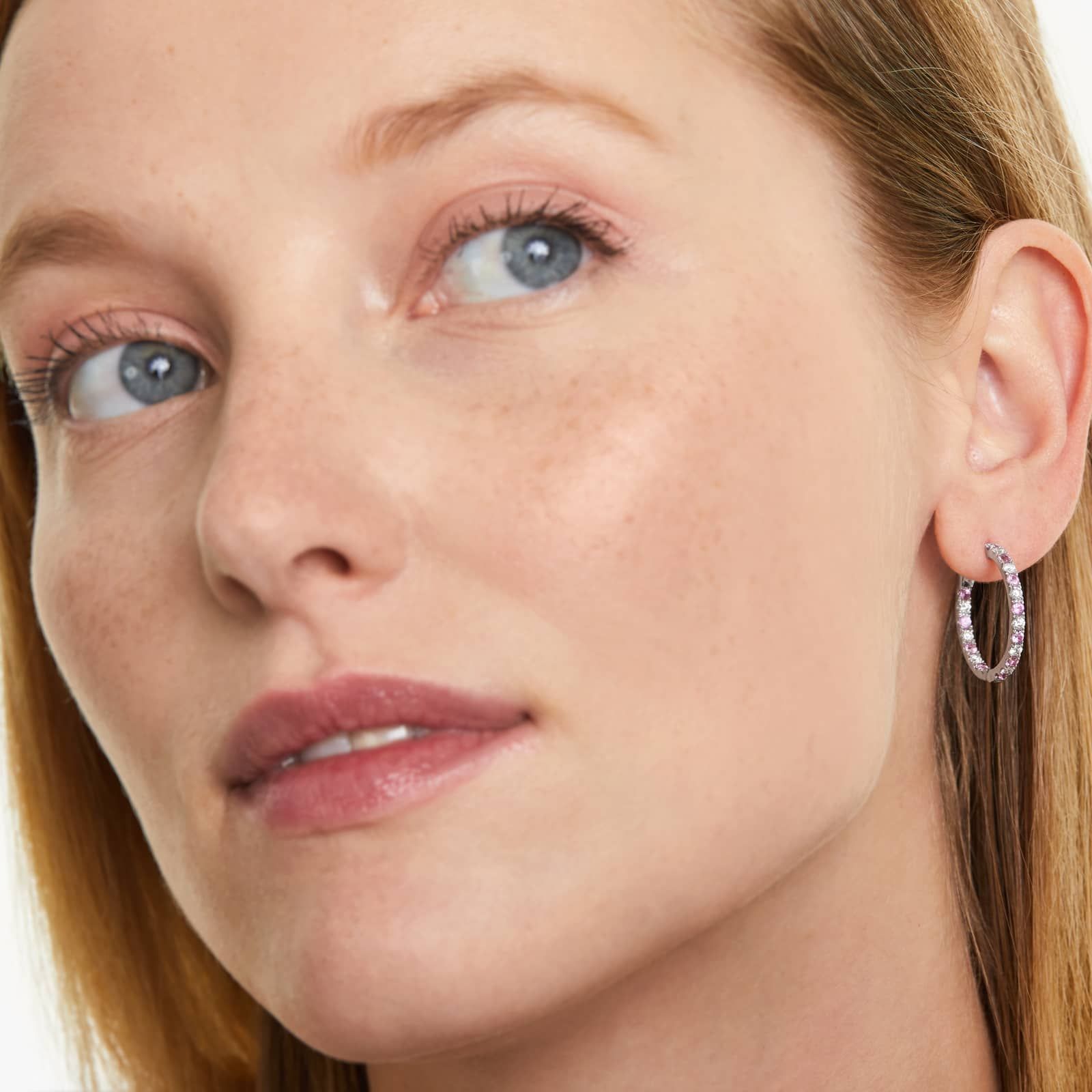 Inside Out Pink Sapphire And Diamond Round Hoop Earrings In 14K White Gold