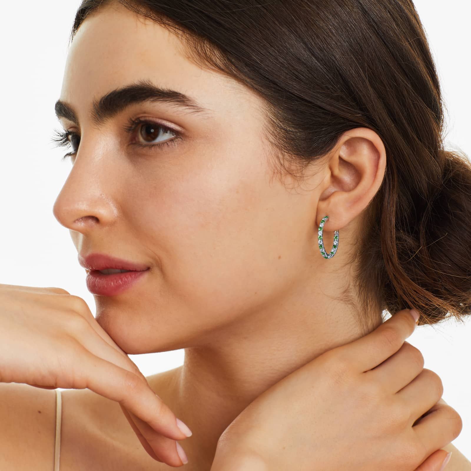 Inside Out Tsavorite And Diamond Round Hoop Earrings In 14K White Gold