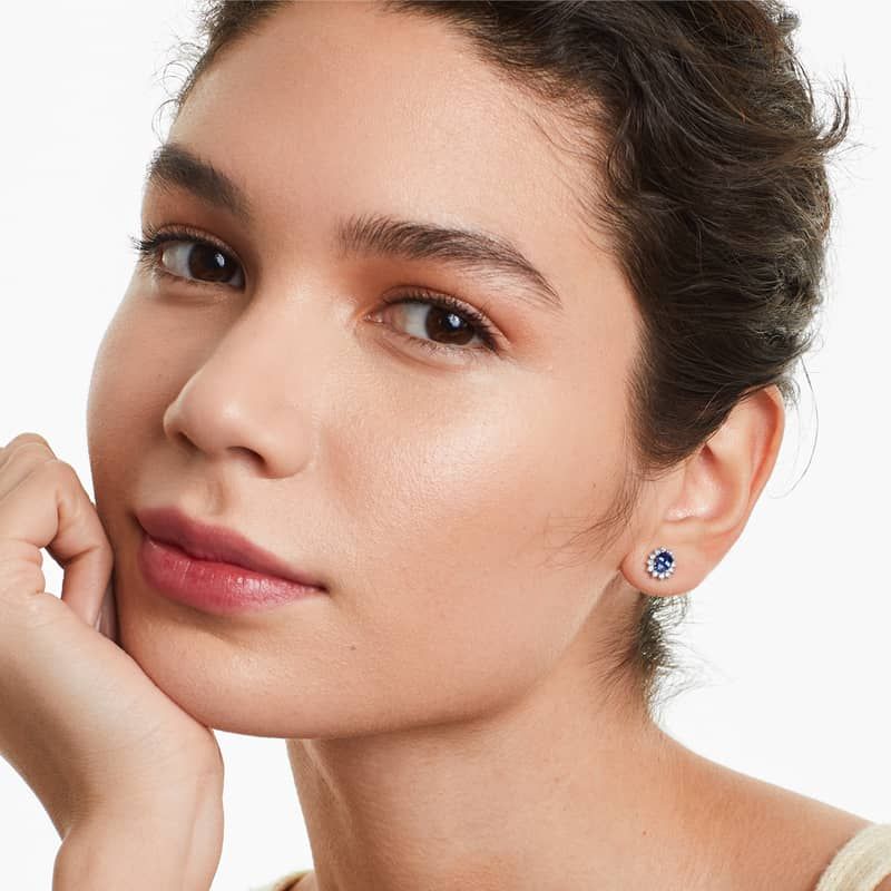 Oval Cut Sapphire And Diamond Halo Earrings In 18K White Gold