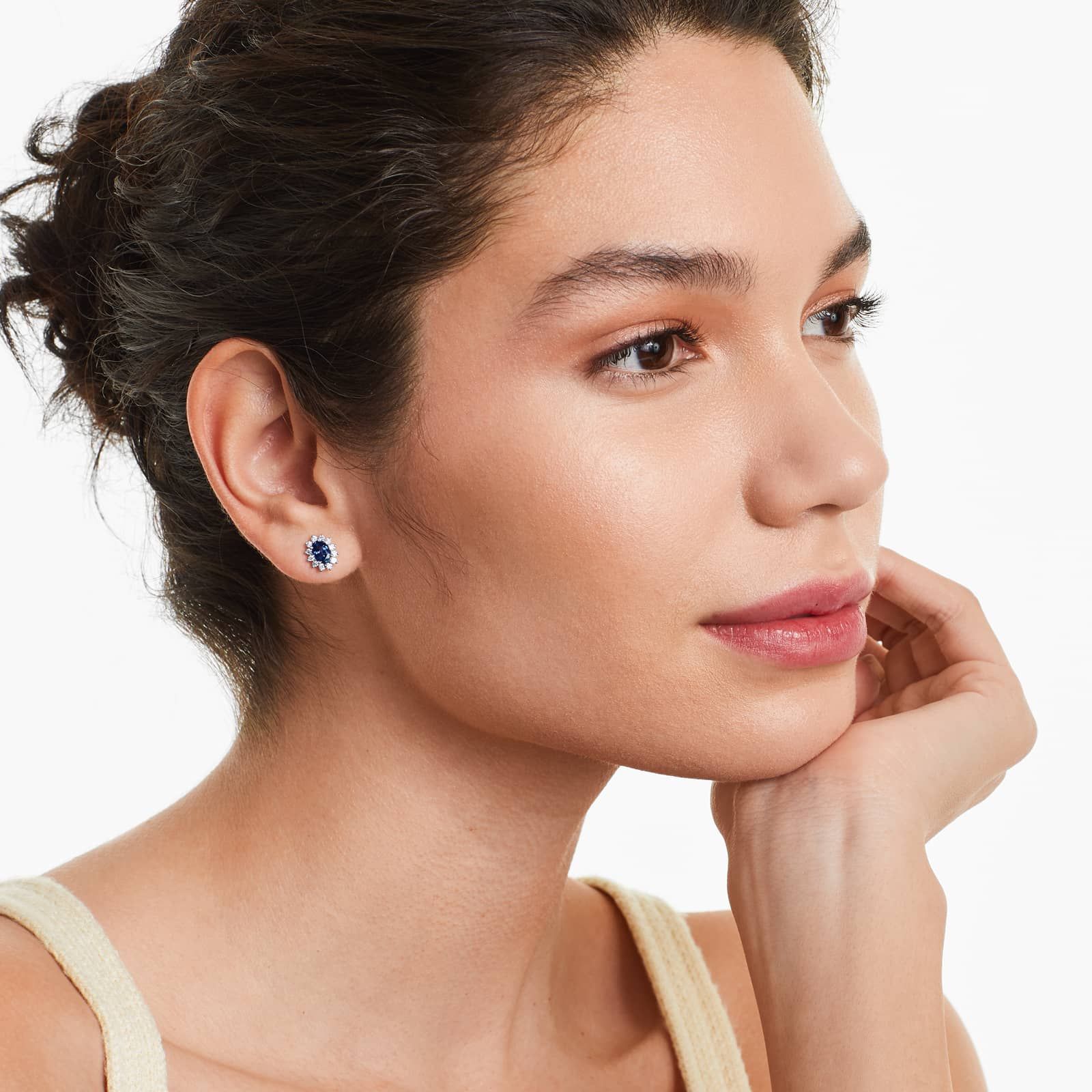 Oval Cut Sapphire And Diamond Halo Earrings In 18K White Gold