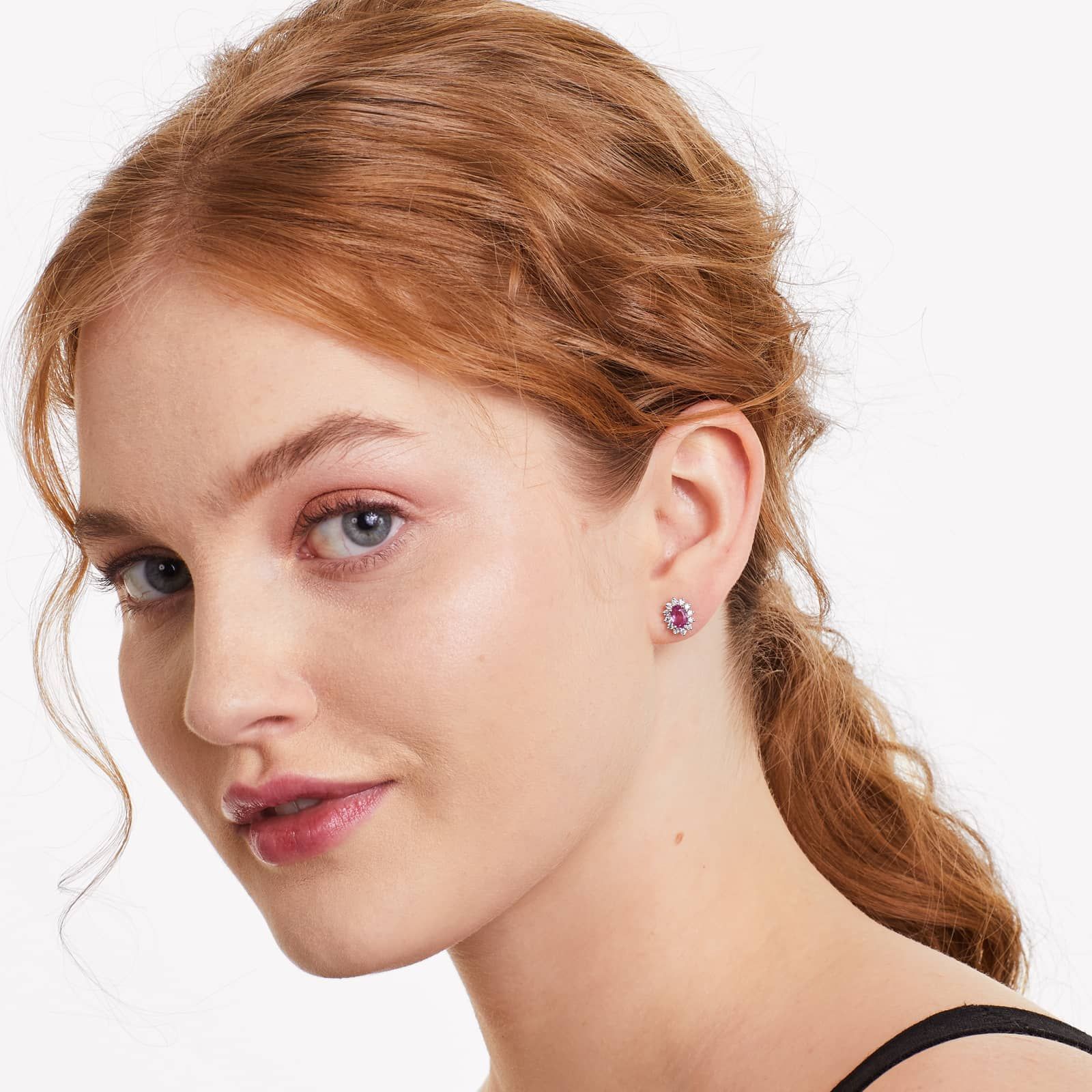 Oval Cut Pink Sapphire And Diamond Halo Earrings In 18K White Gold