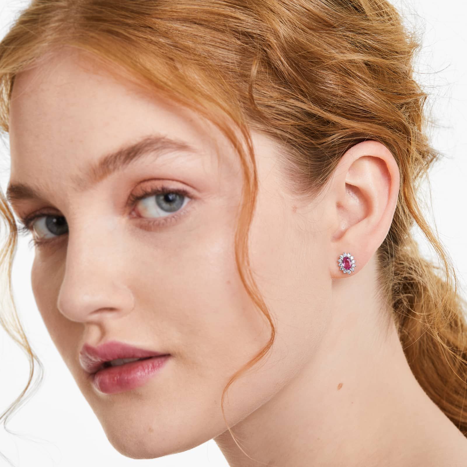 Oval Cut Pink Sapphire And Diamond Halo Earrings In 18K White Gold