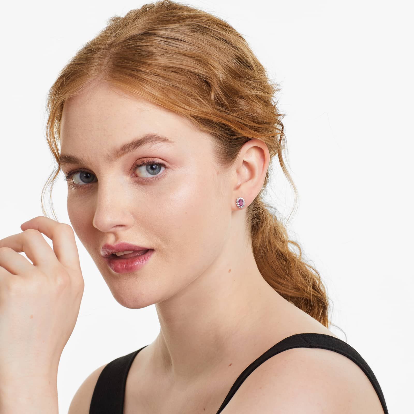 Oval Cut Pink Sapphire And Diamond Halo Earrings In 18K White Gold