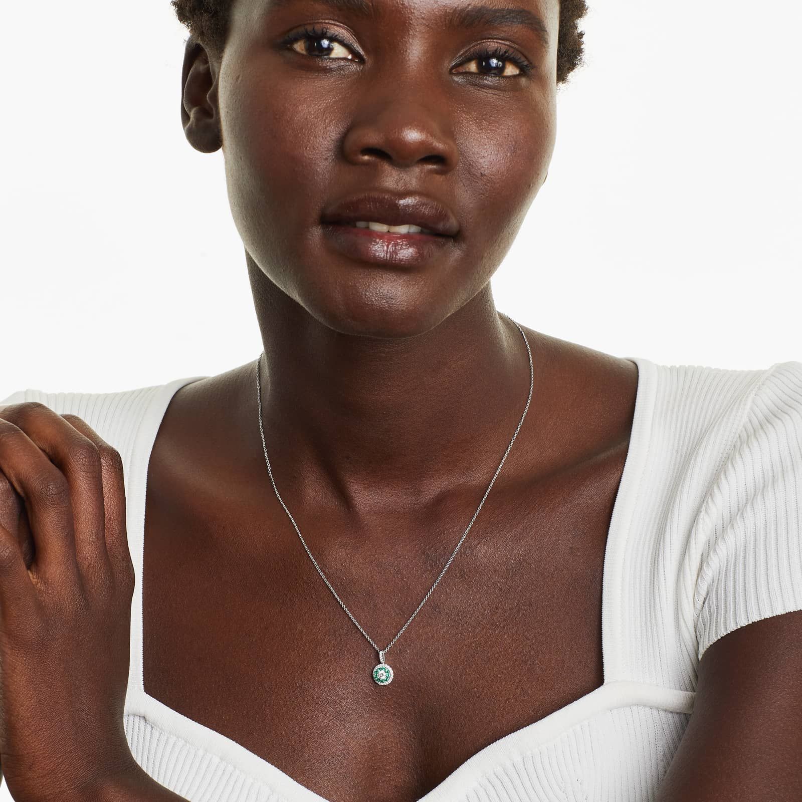 14K White Gold Double Halo Emerald and Diamond Necklace