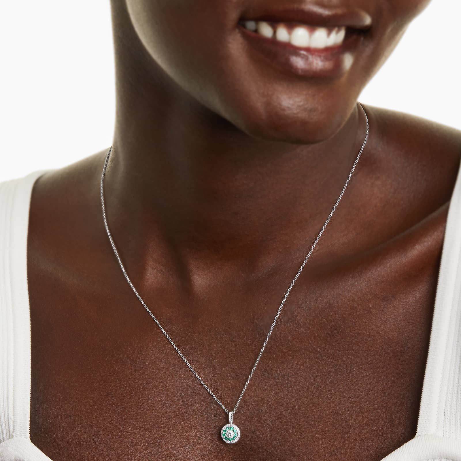 14K White Gold Double Halo Emerald and Diamond Necklace