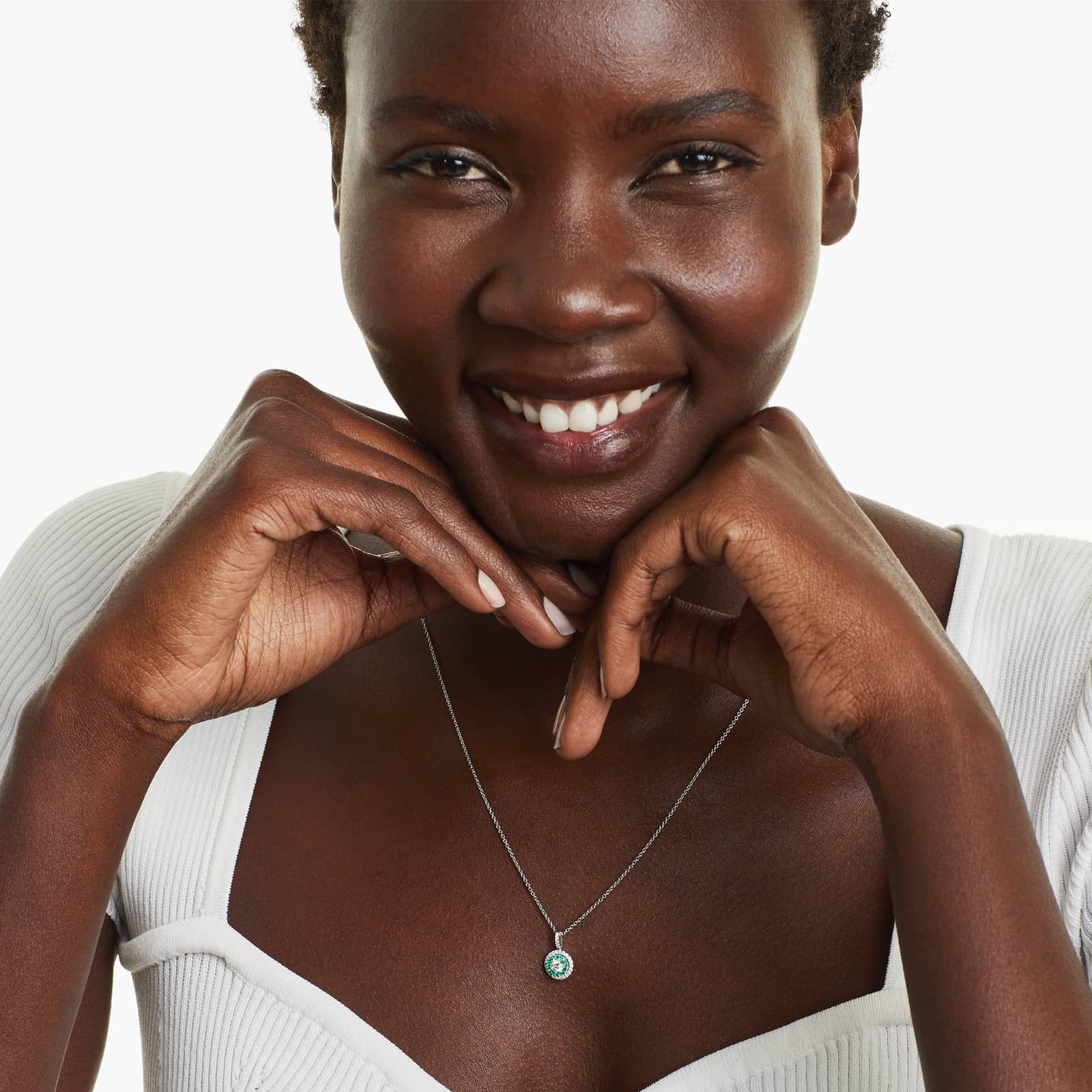 14K White Gold Double Halo Emerald and Diamond Necklace