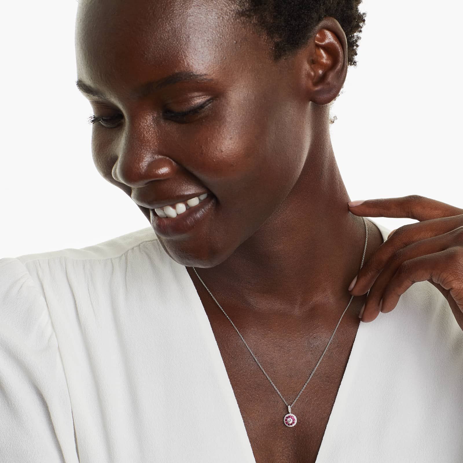 14K White Gold Double Halo Ruby and Diamond Necklace