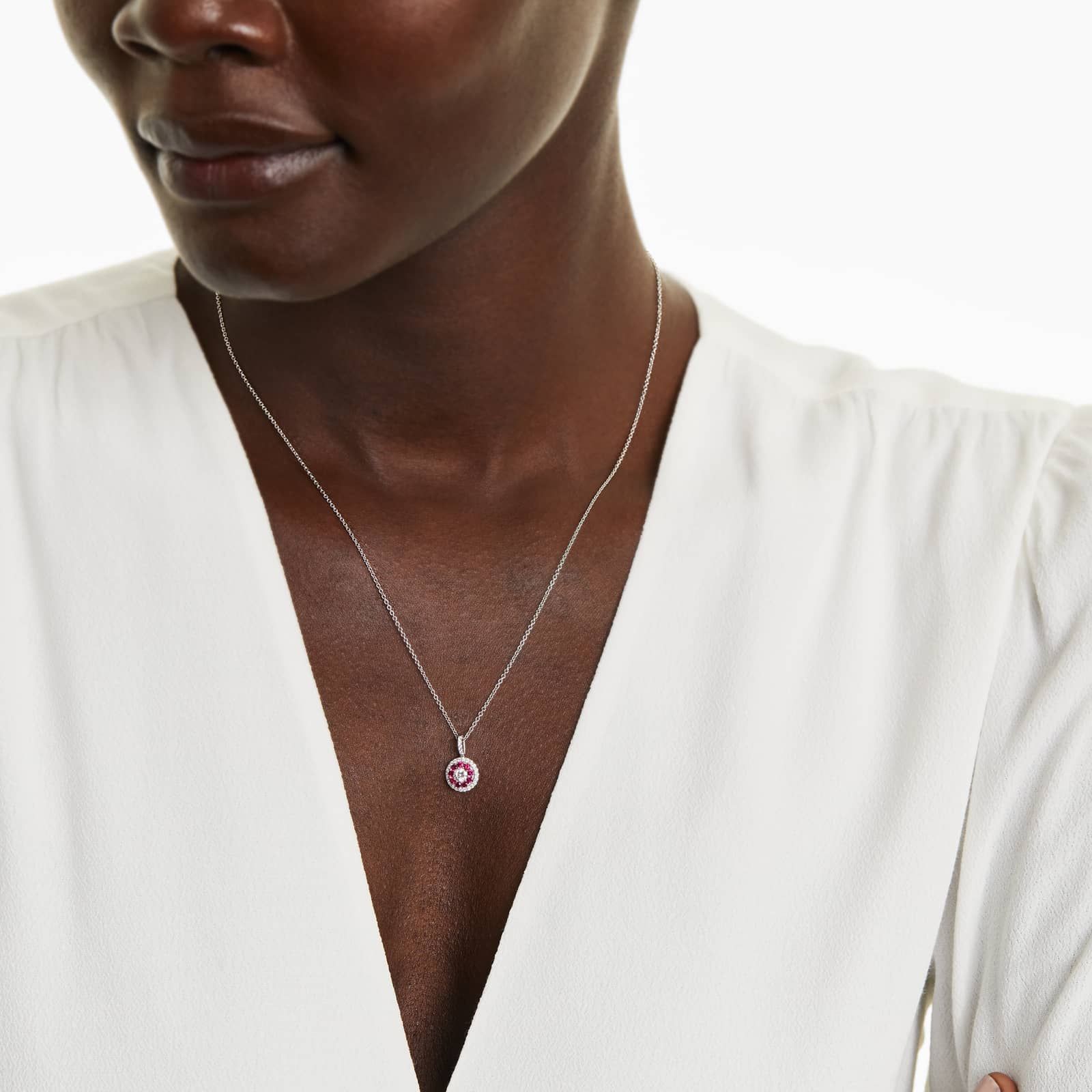 14K White Gold Double Halo Ruby and Diamond Necklace