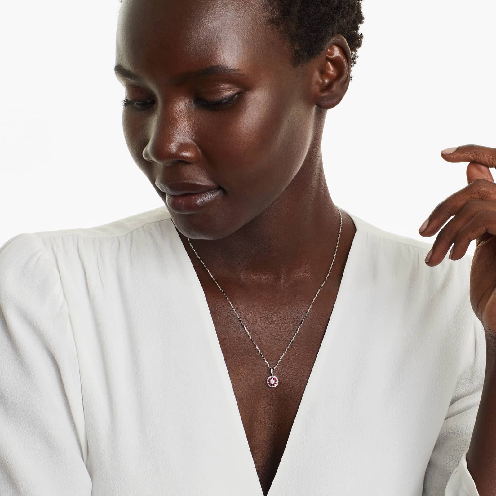 14K White Gold Double Halo Ruby and Diamond Necklace