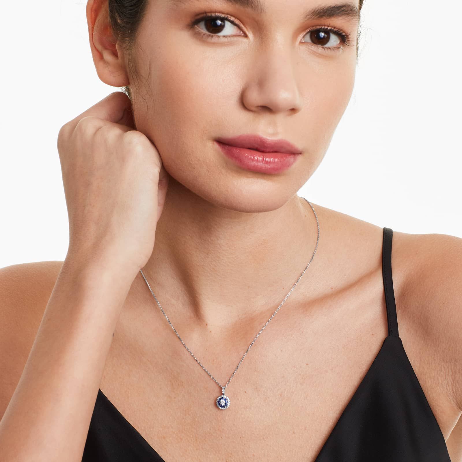 14K White Gold Double Halo Sapphire and Diamond Necklace