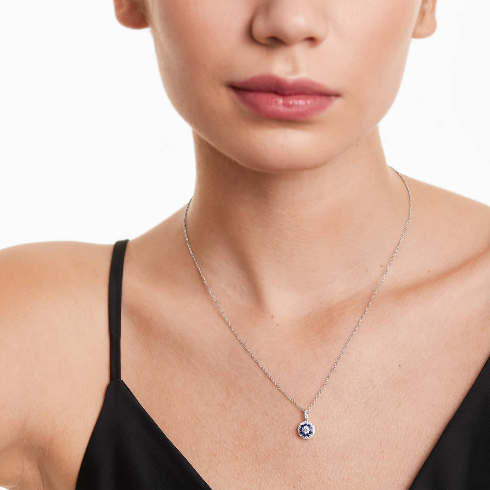 14K White Gold Double Halo Sapphire and Diamond Necklace