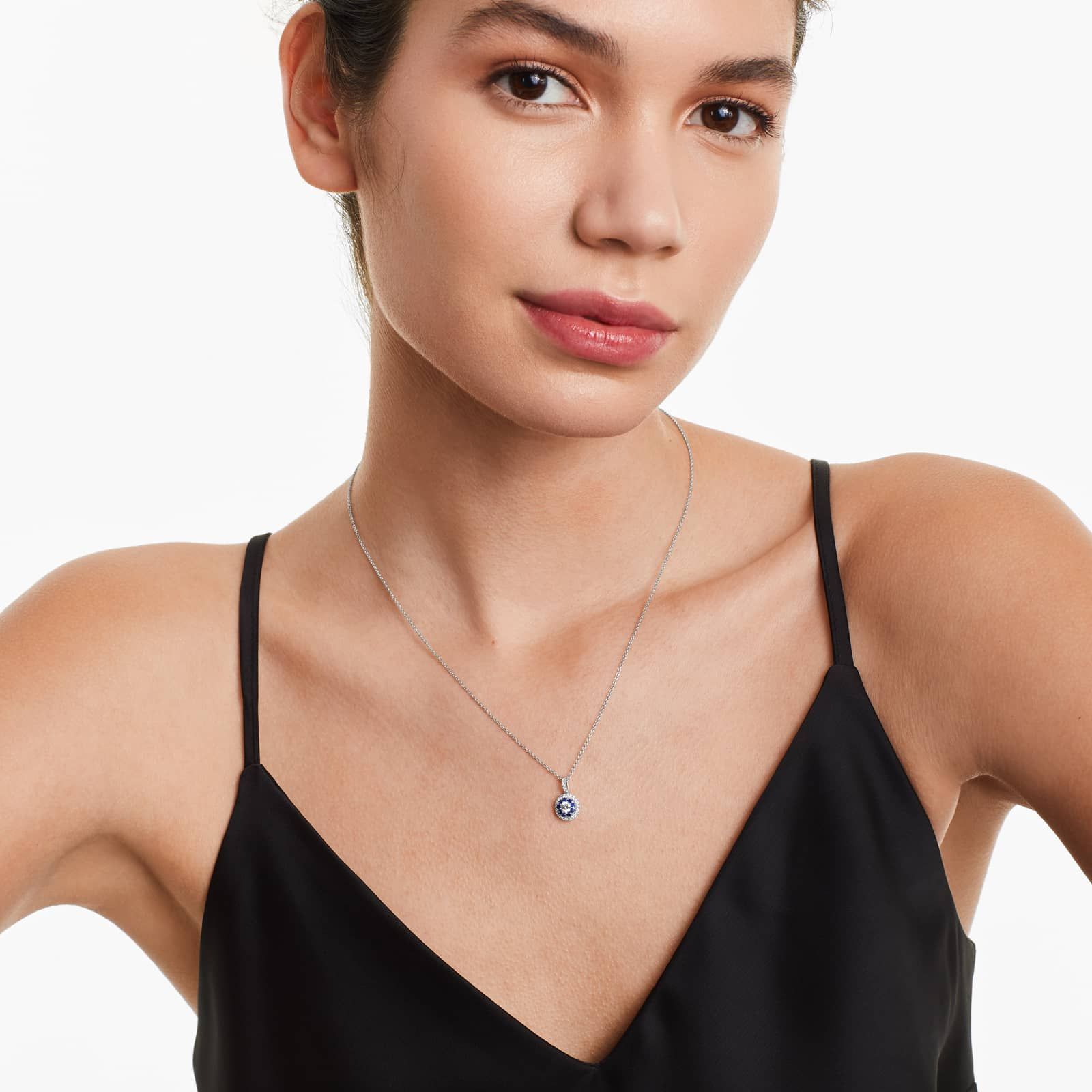 14K White Gold Double Halo Sapphire and Diamond Necklace