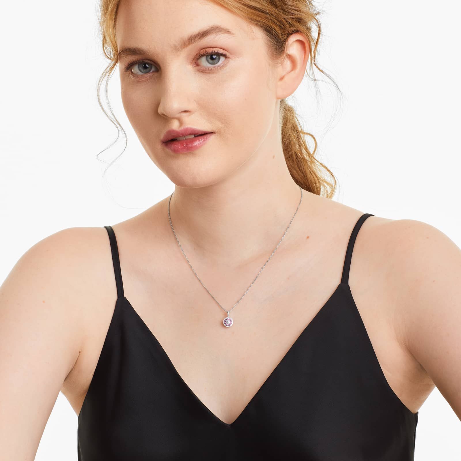 14K White Gold Double Halo Pink Sapphire and Diamond Necklace