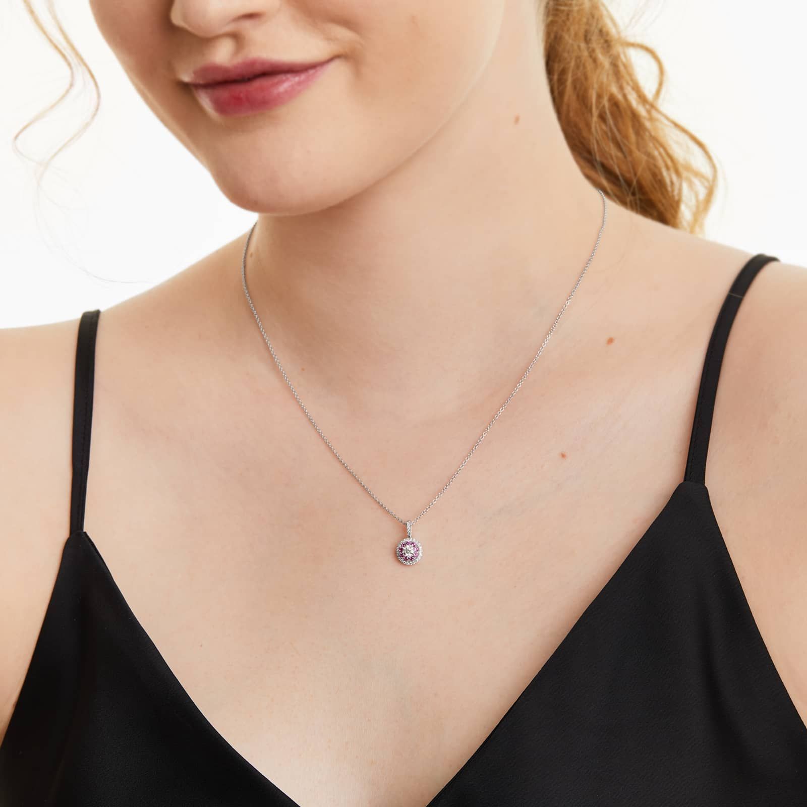 14K White Gold Double Halo Pink Sapphire and Diamond Necklace