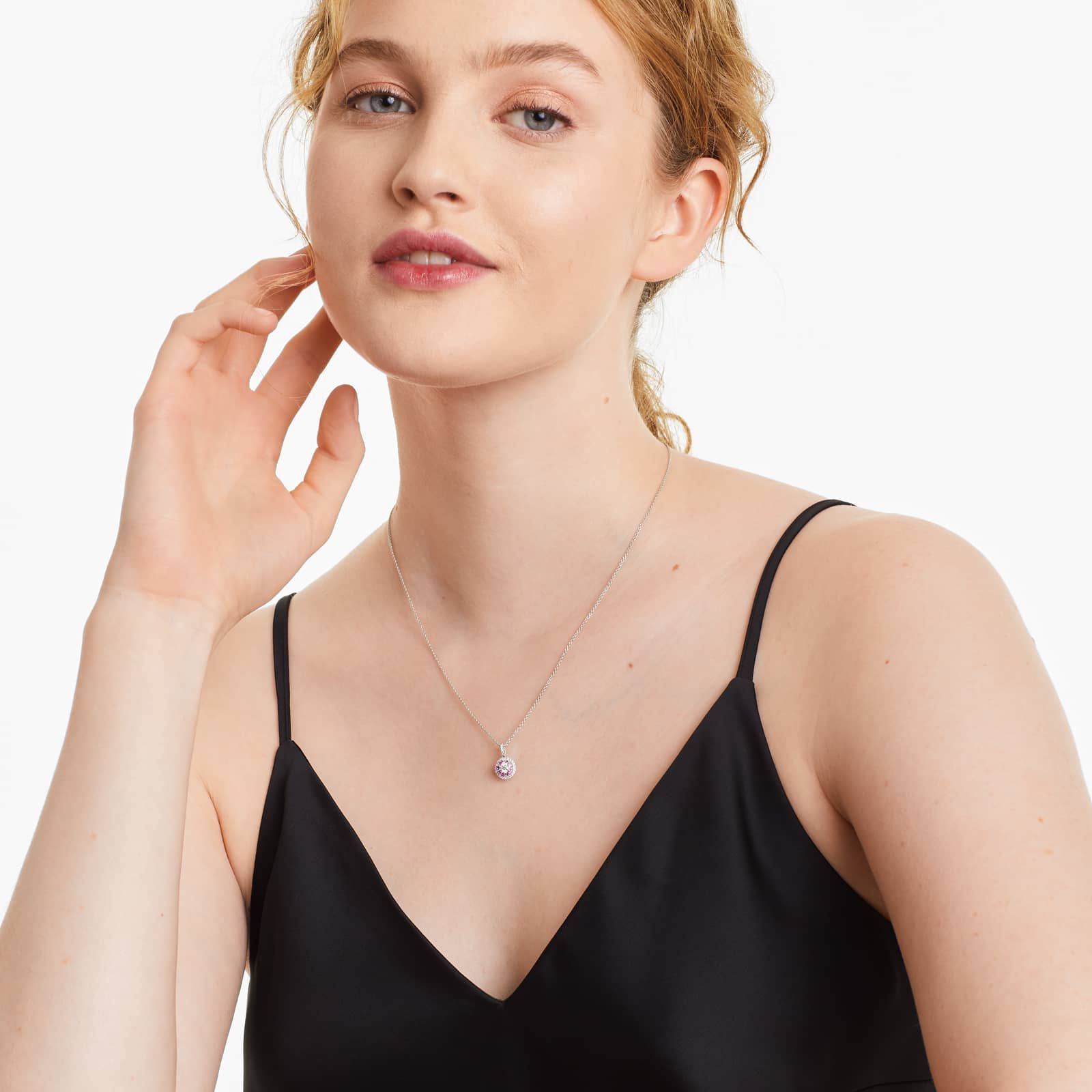 14K White Gold Double Halo Pink Sapphire and Diamond Necklace