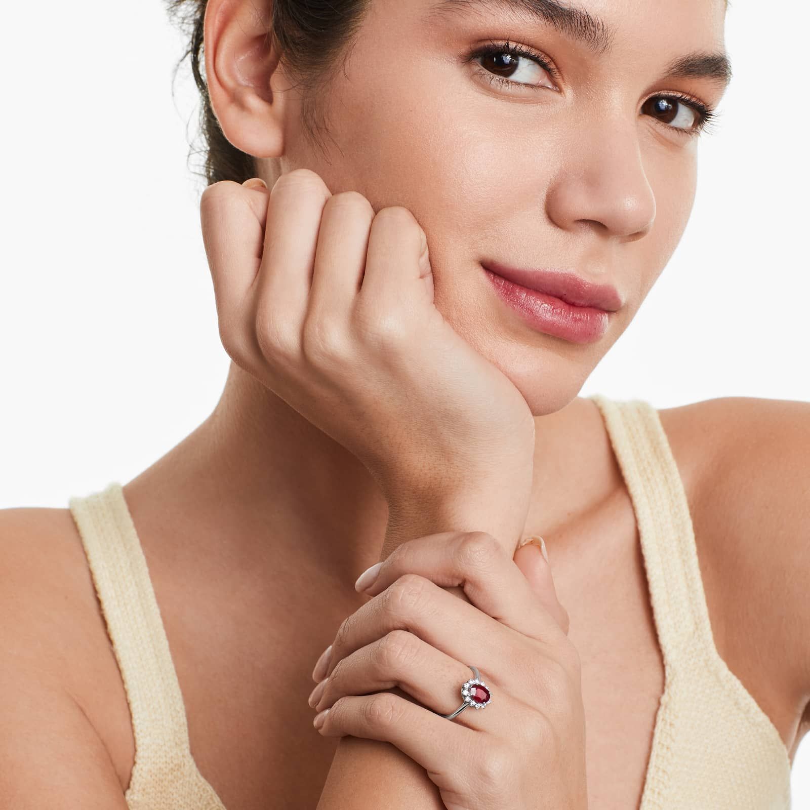 Oval Halo Ruby And Diamond Ring In 18K White Gold