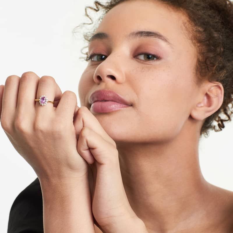 Oval Halo Pink Sapphire And Diamond Ring In 18K White Gold