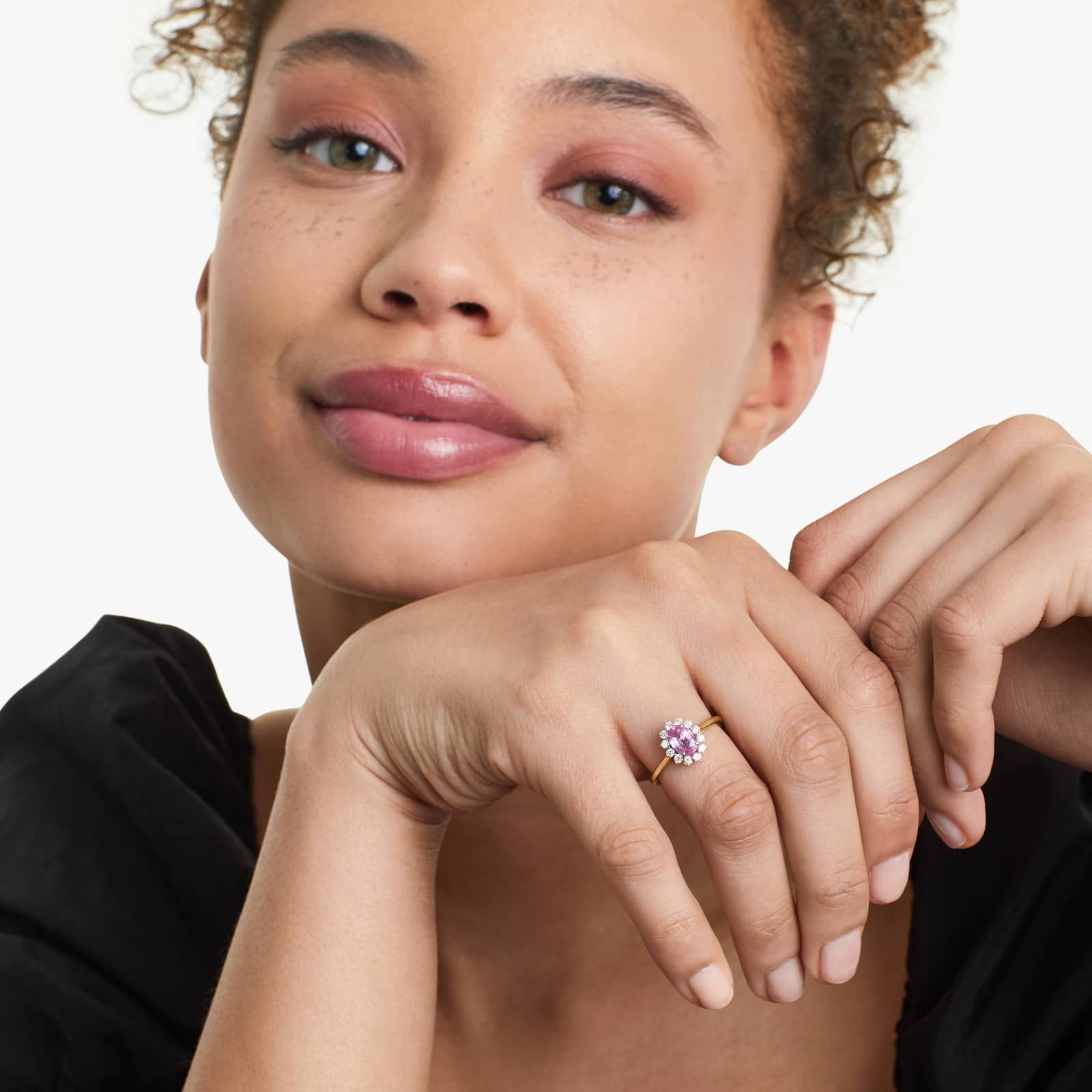 Oval Halo Pink Sapphire And Diamond Ring In 18K White Gold