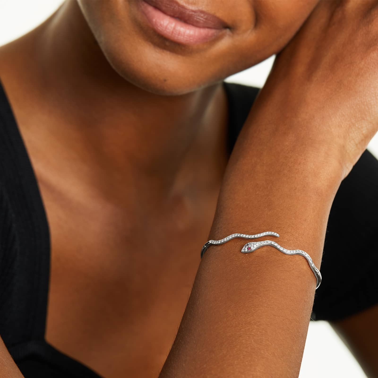 Snake Motif Diamond and Ruby Bracelet In 14K White Gold