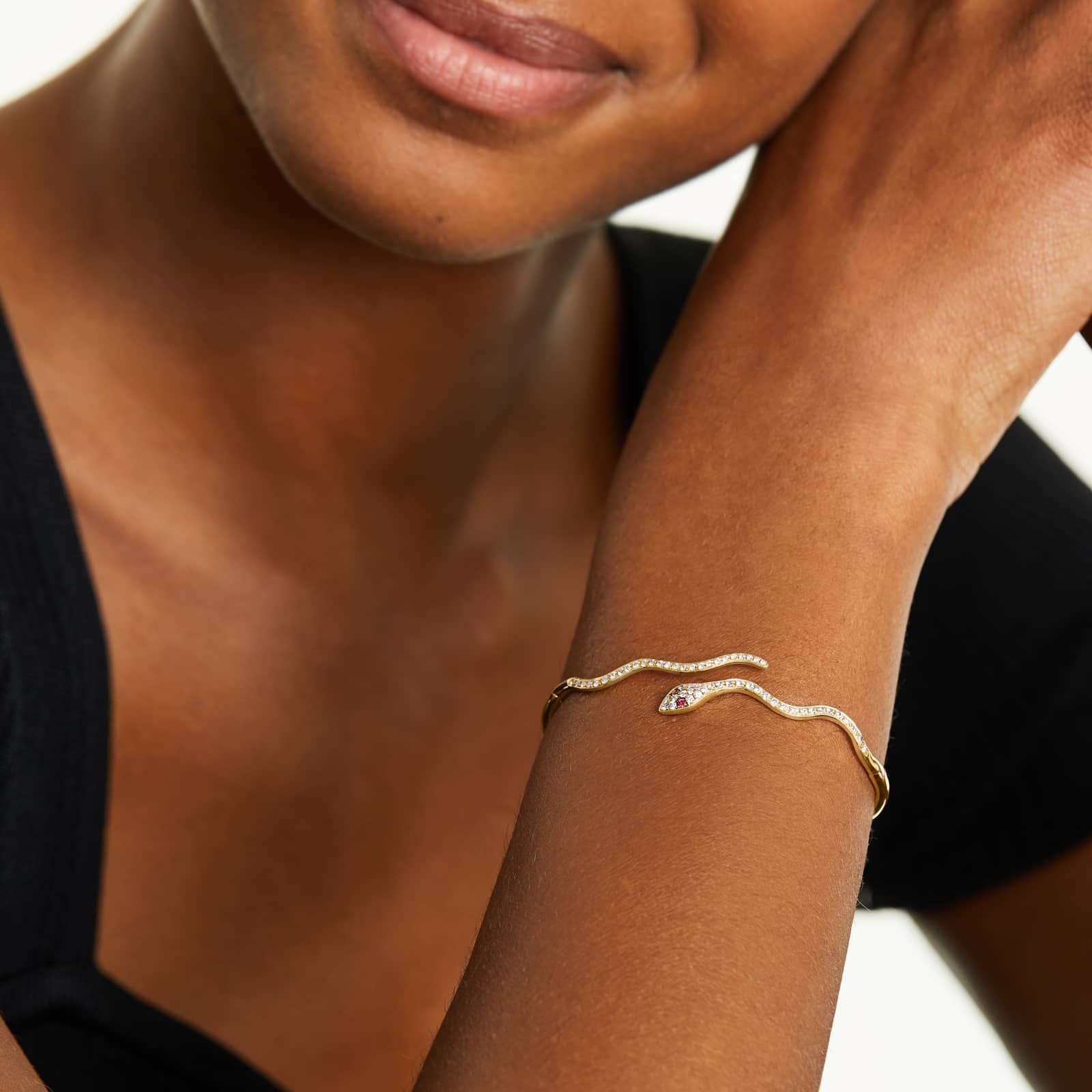 Snake Motif Diamond and Ruby Bracelet In 14K Yellow Gold