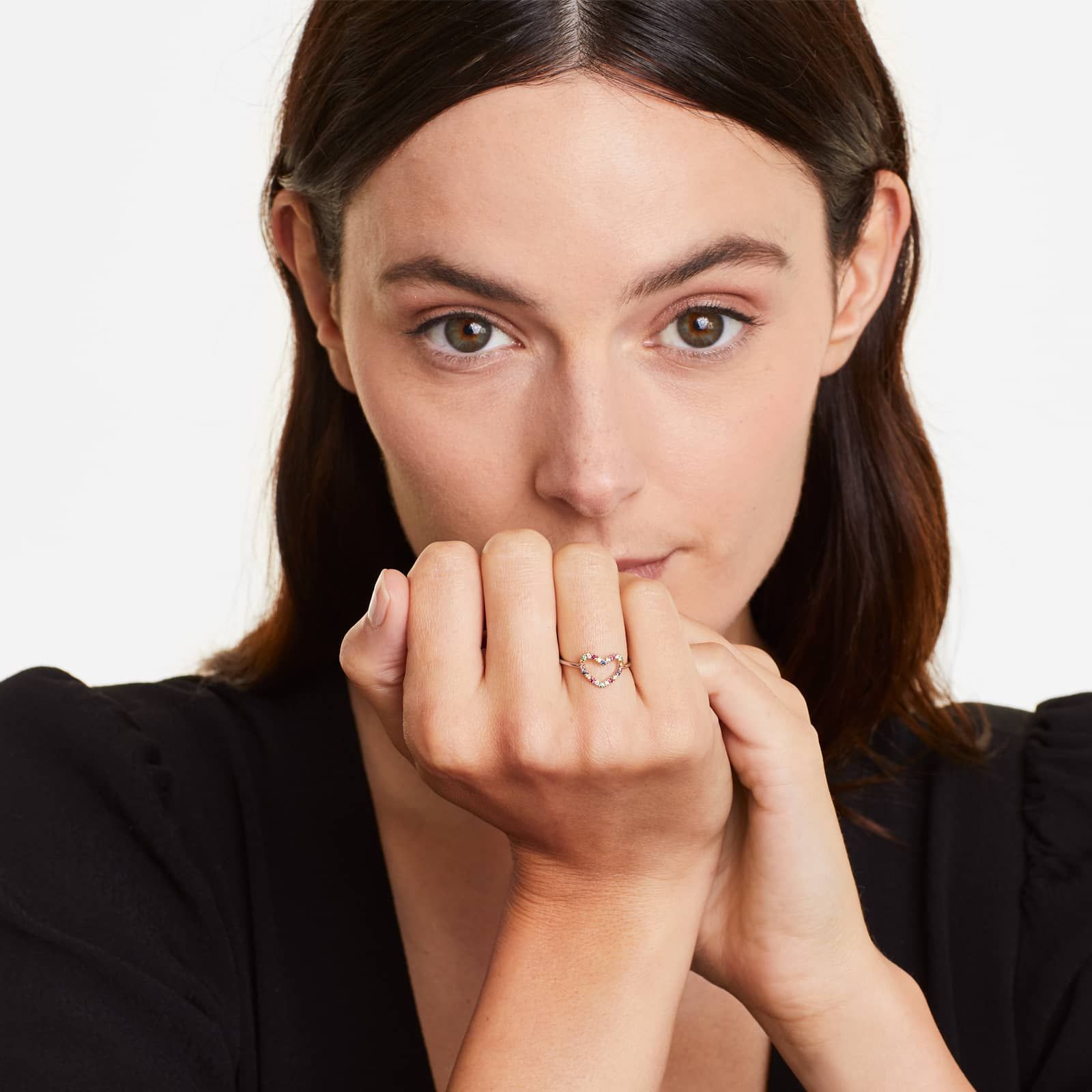 Multi Gemstone Petite Open Heart Ring In 14K Rose Gold