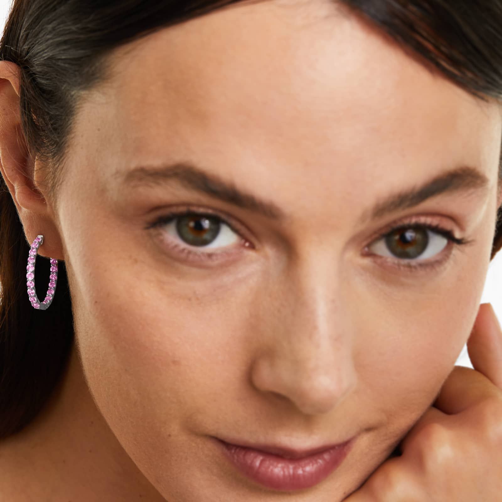 Pink Sapphire Trellis Inside Out Oval Hoop Earrings In 14K White Gold