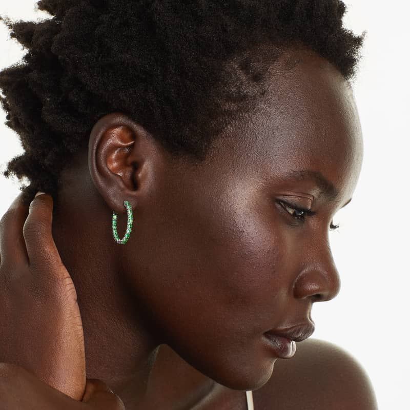 Tsavorite Trellis Inside Out Oval Hoop Earrings In 14K White Gold