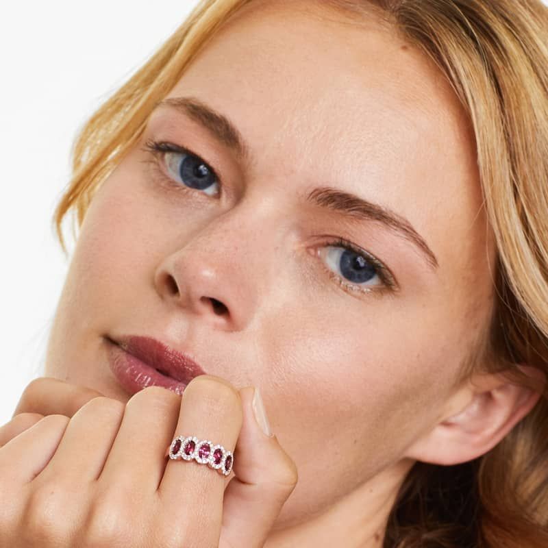 14K Rose Gold Five Stone Halo Ruby and Diamond Ring