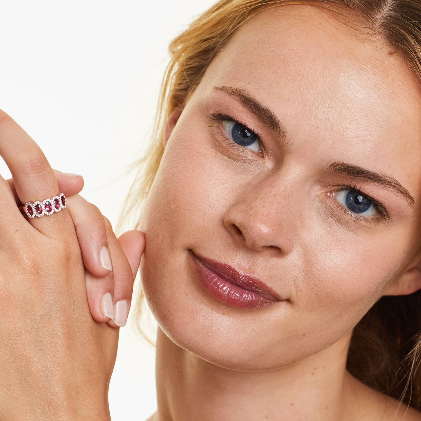 14K Rose Gold Five Stone Halo Ruby and Diamond Ring