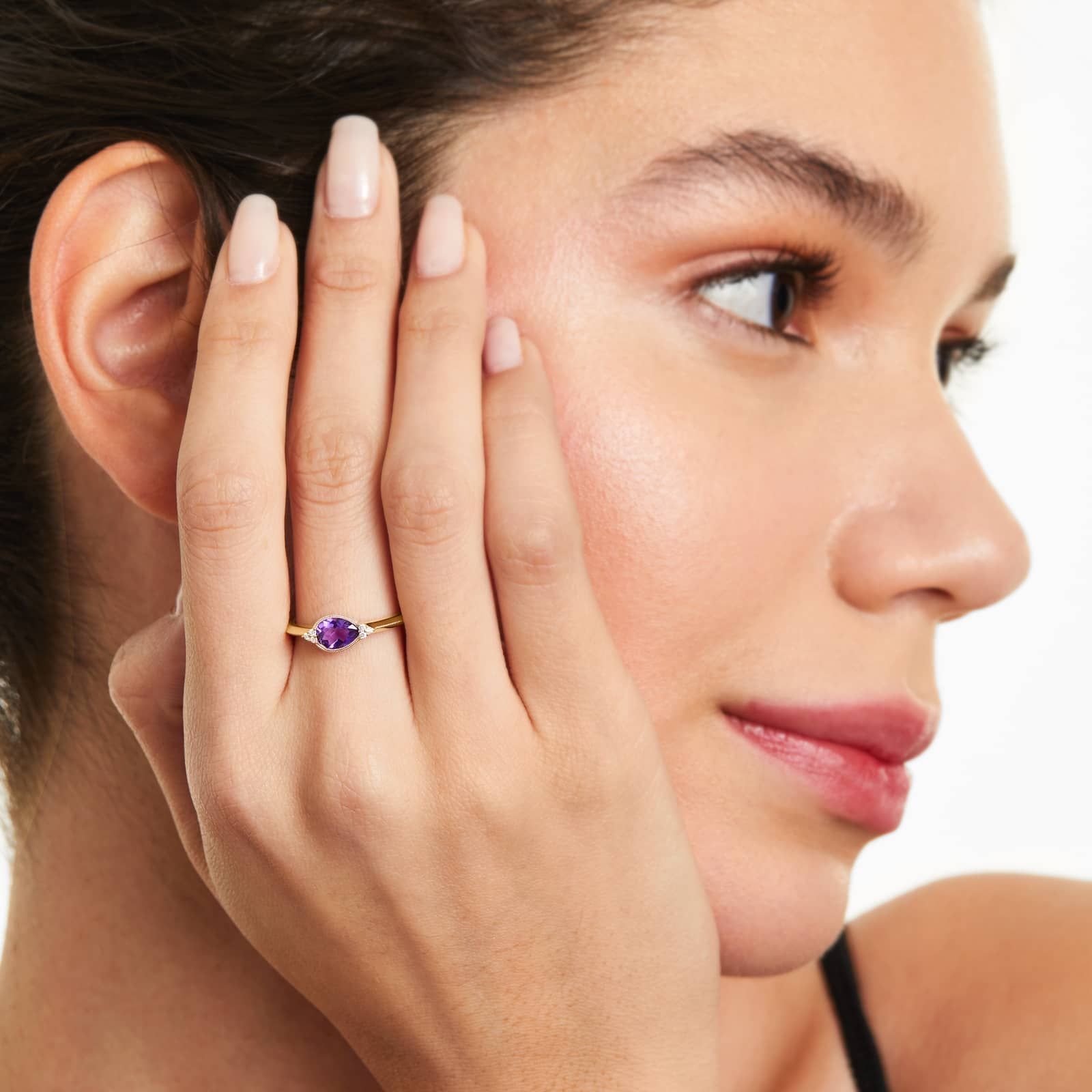 Classical Amethyst And Diamond Ring In 14K Yellow Gold by Brevani