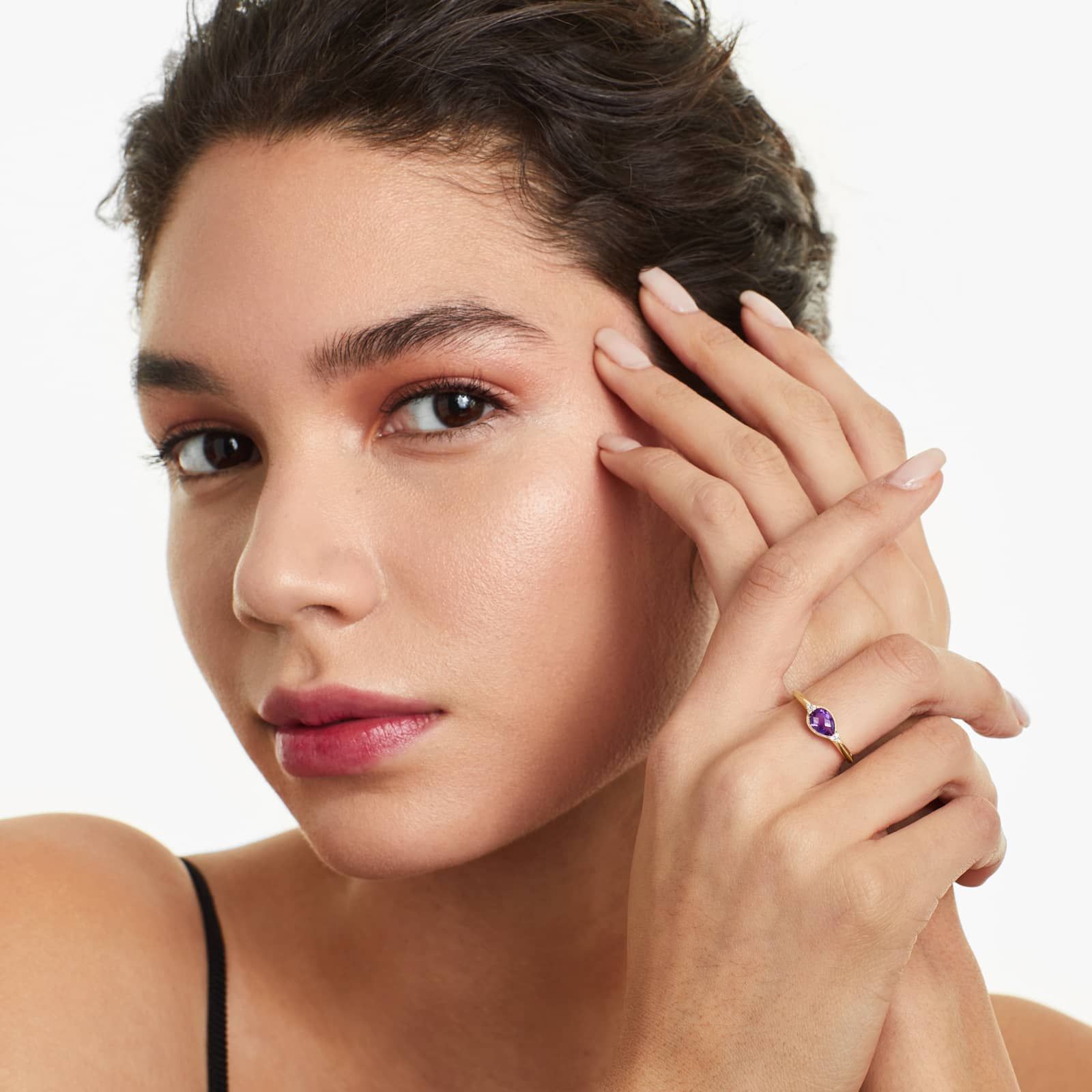 Classical Amethyst And Diamond Ring In 14K Yellow Gold by Brevani