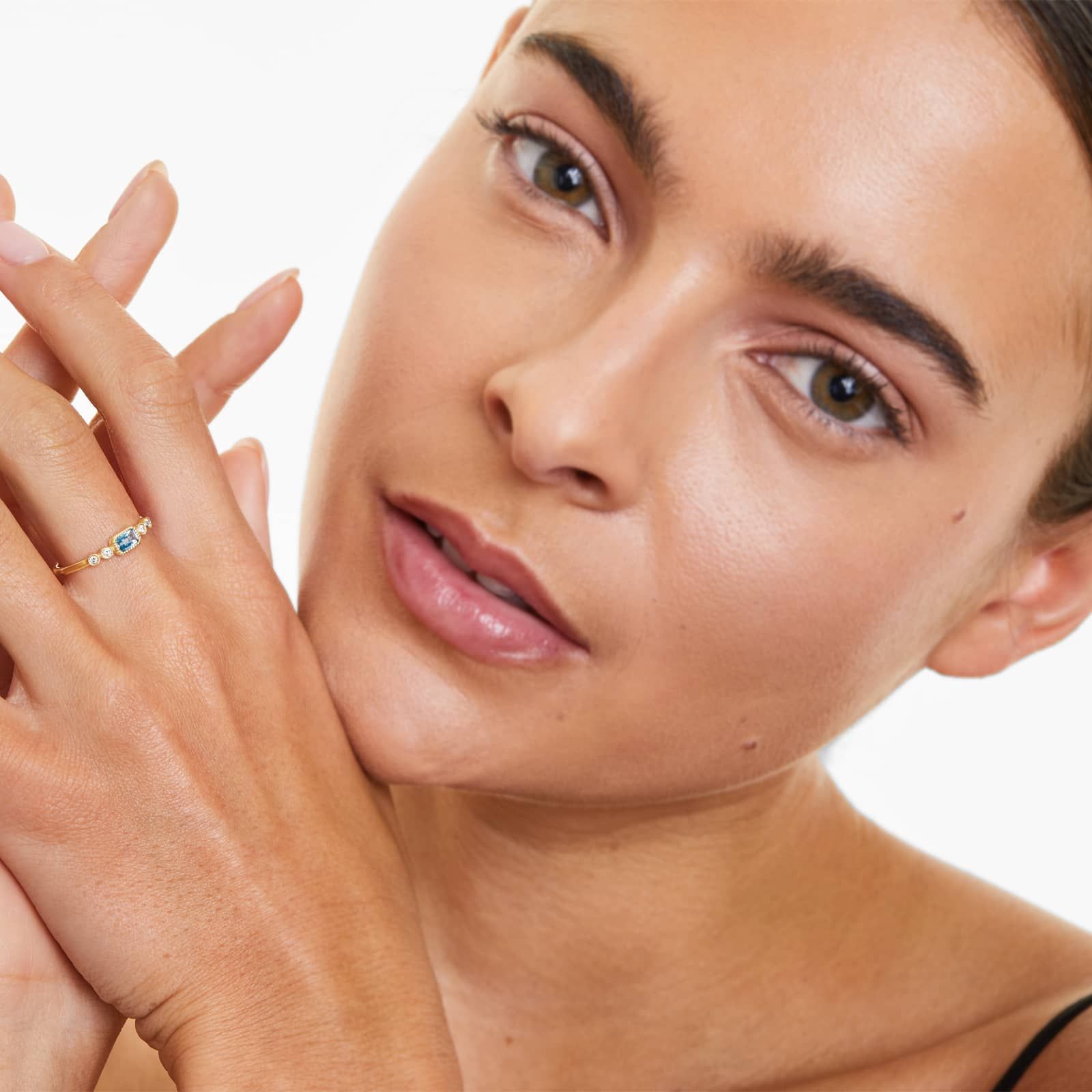 Dainty Blue Topaz Bezel Diamond Ring In 14K Yellow Gold by Brevani