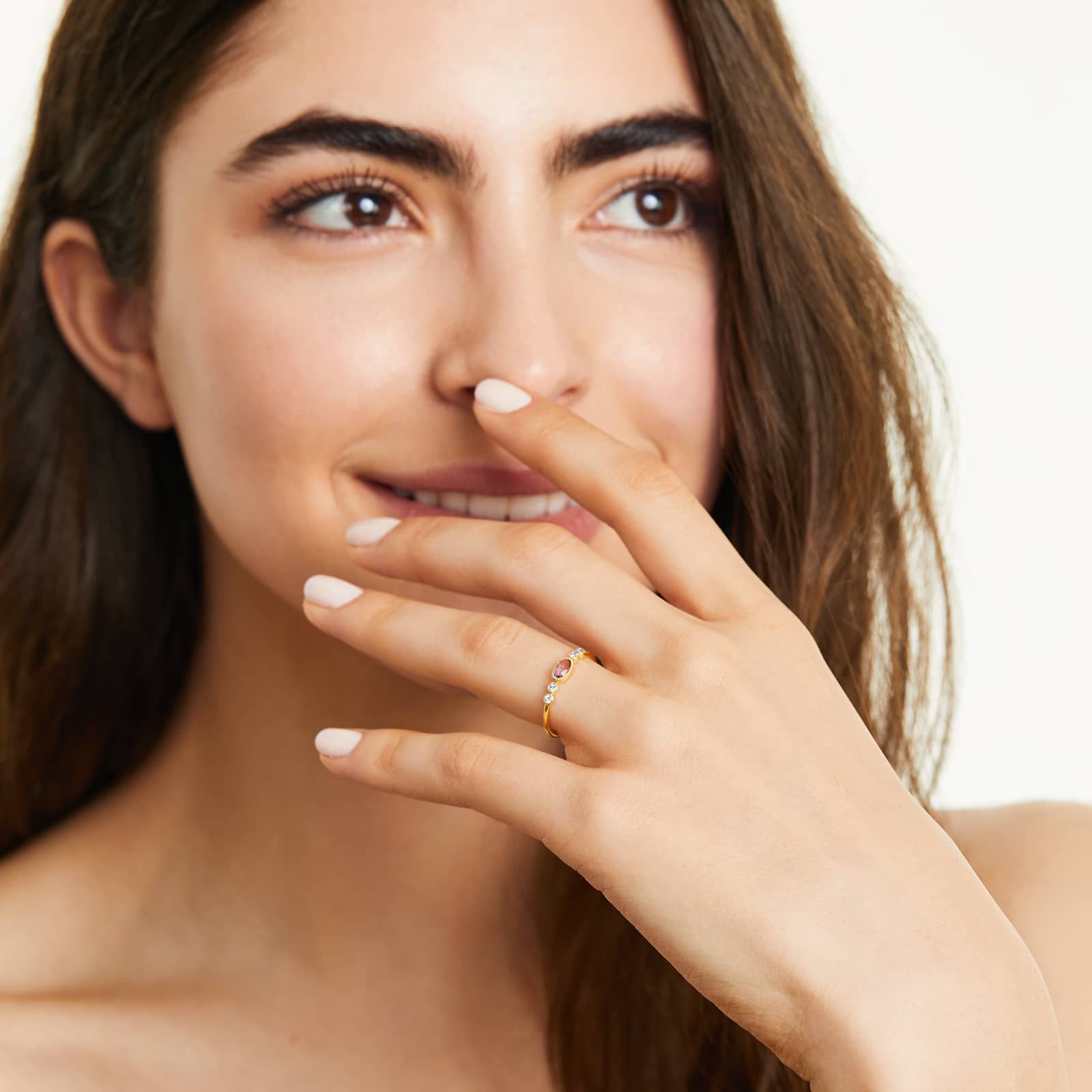 Dainty Amethyst Bezel Diamond Ring In 14K Yellow Gold by Brevani