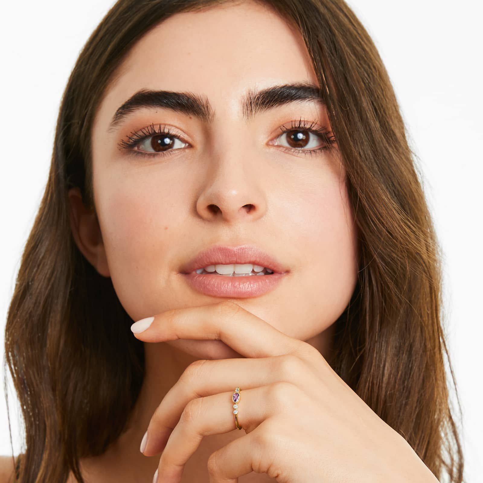 Dainty Amethyst Bezel Diamond Ring In 14K Yellow Gold by Brevani