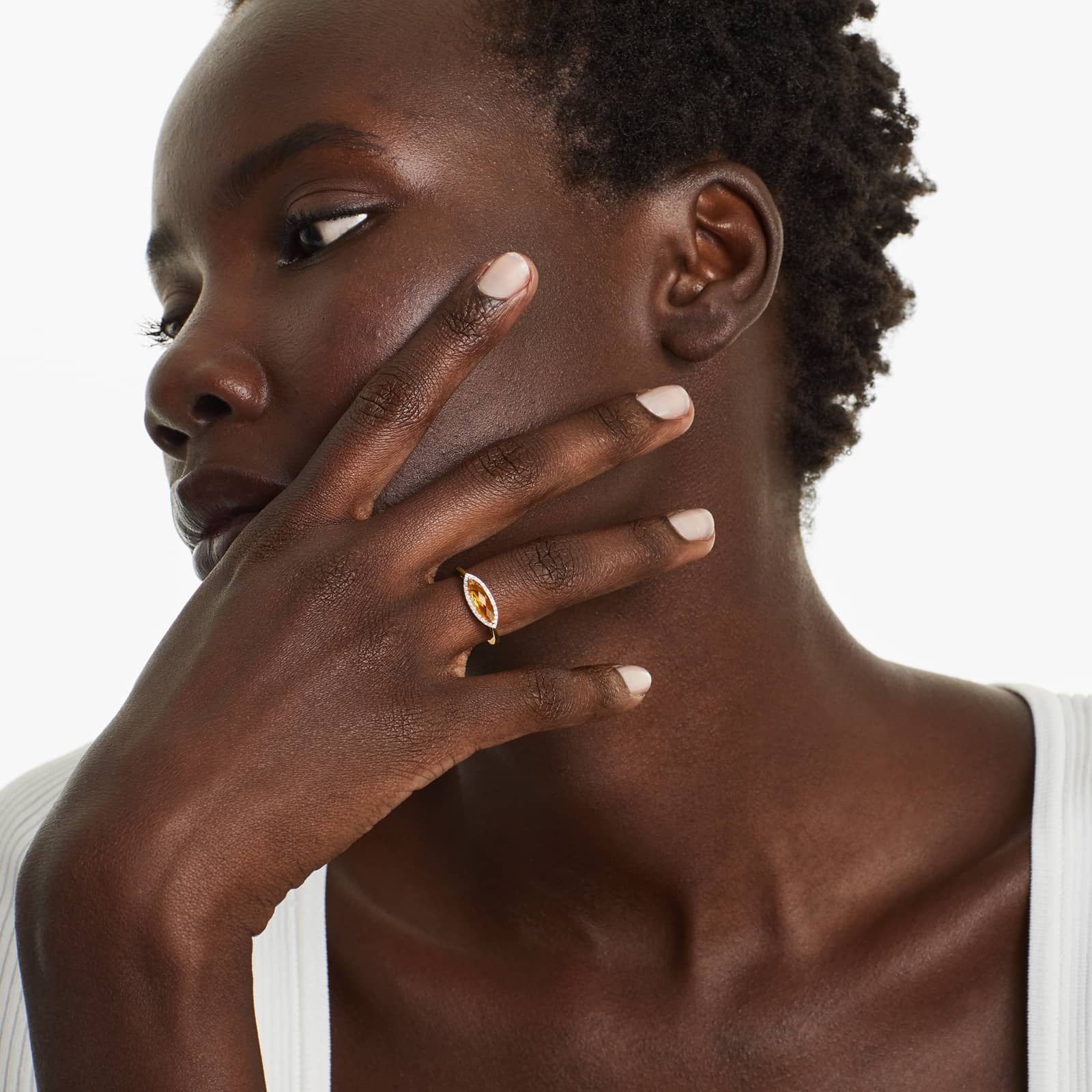 Halo Marquise Citrine And Diamond Ring In 14K White Gold by Brevani