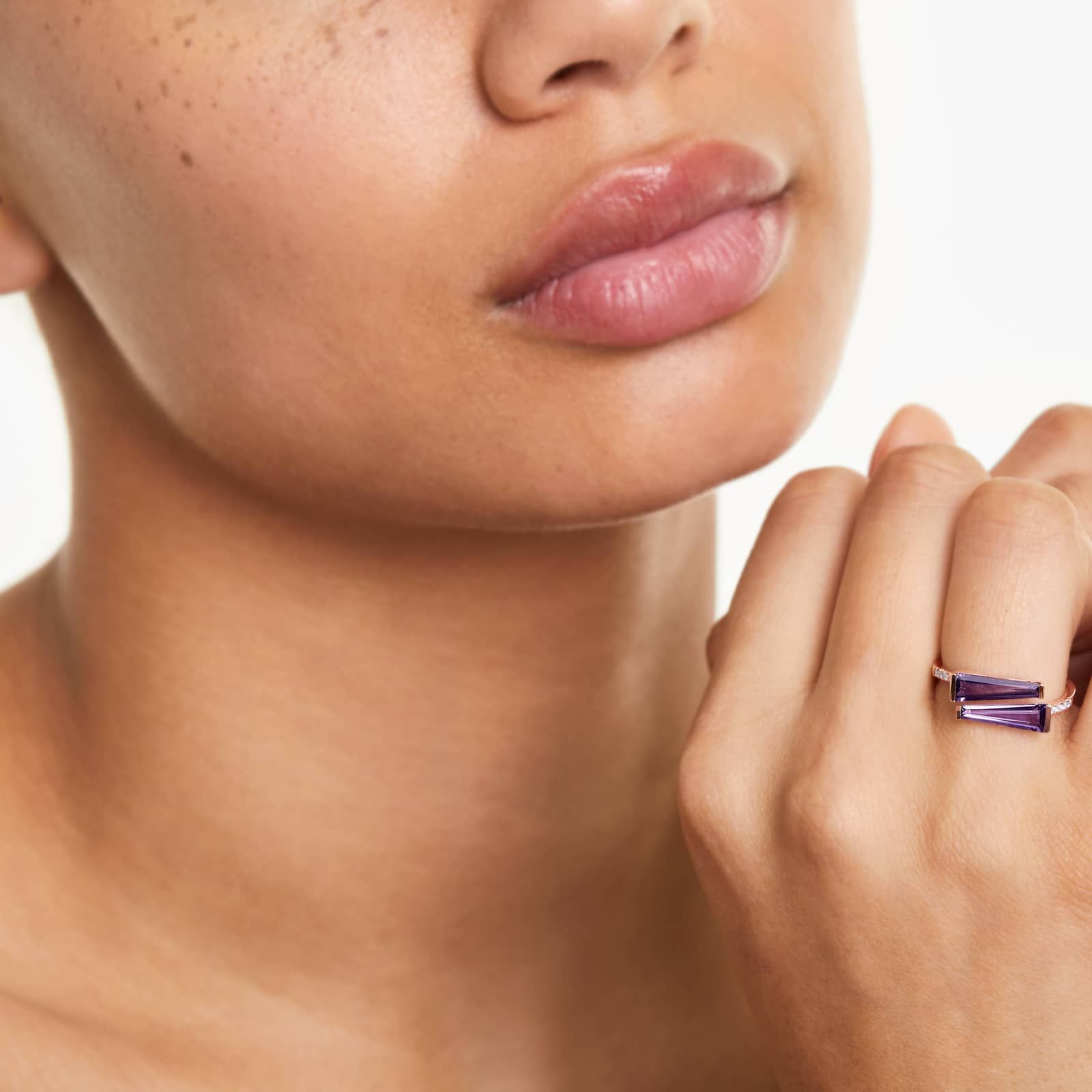 Bypass Duo Amethyst And Diamond Ring In 14K Rose Gold by Brevani