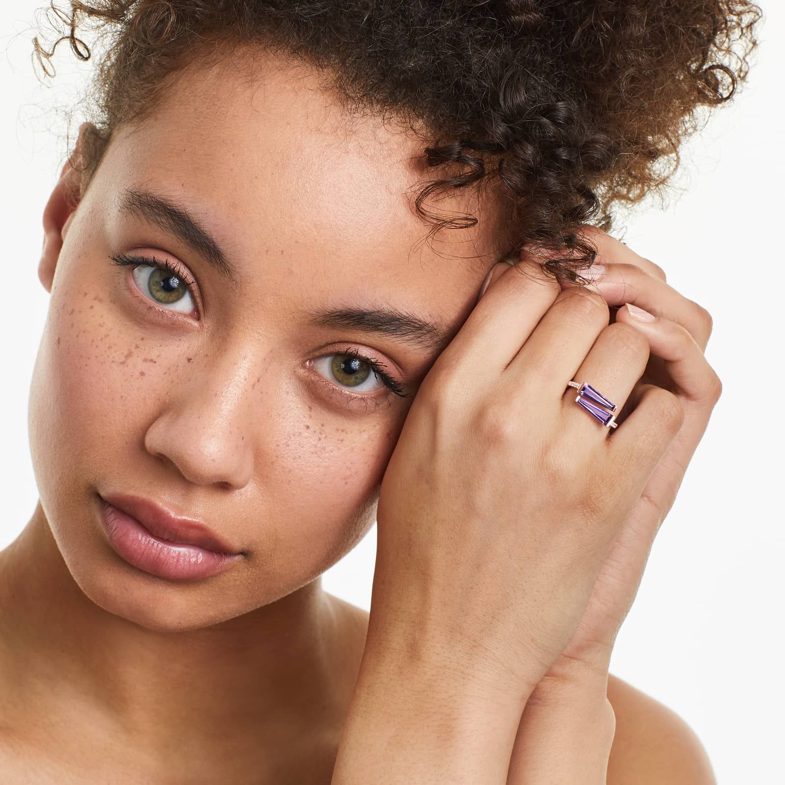 Bypass Duo Amethyst And Diamond Ring In 14K Rose Gold by Brevani