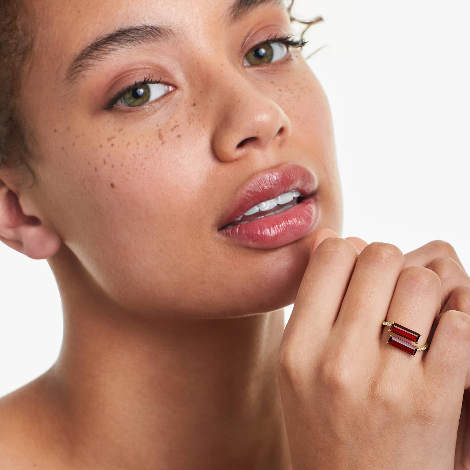 Bypass Duo Garnet And Diamond Ring In 14K Yellow Gold by Brevani