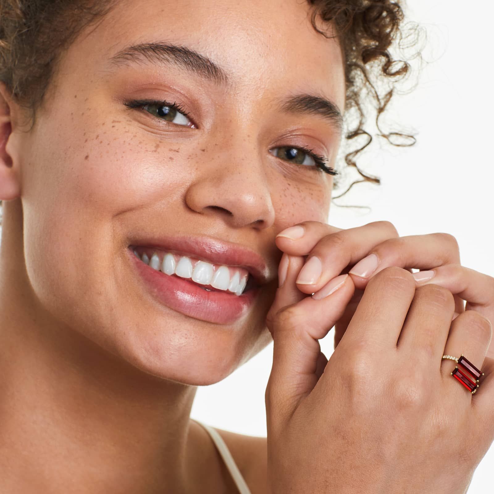 Bypass Duo Garnet And Diamond Ring In 14K Yellow Gold by Brevani